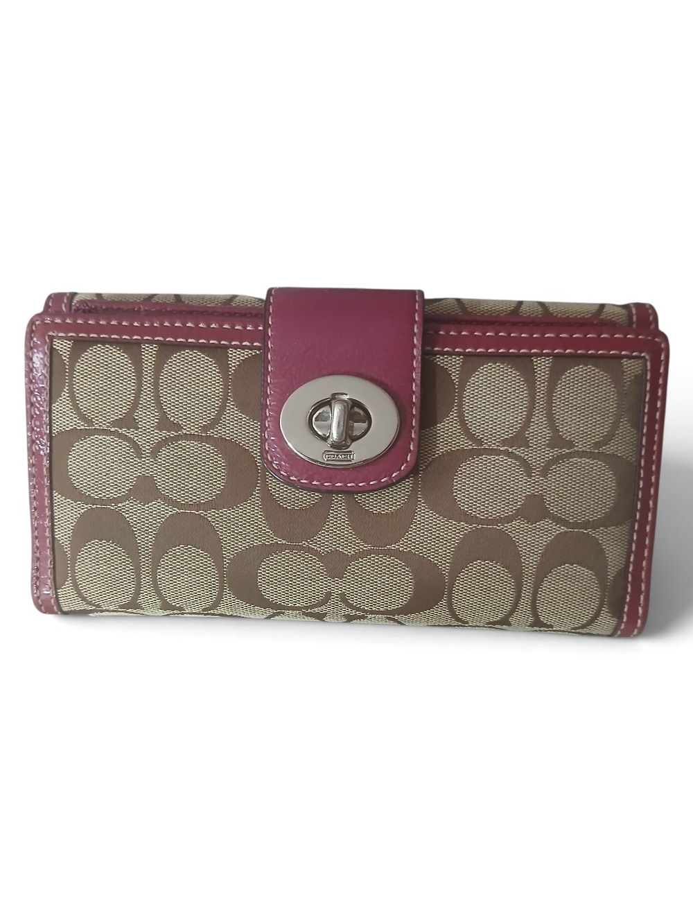 Coach Legacy Turnlock Canvas Wallet with Purple Leather Trim